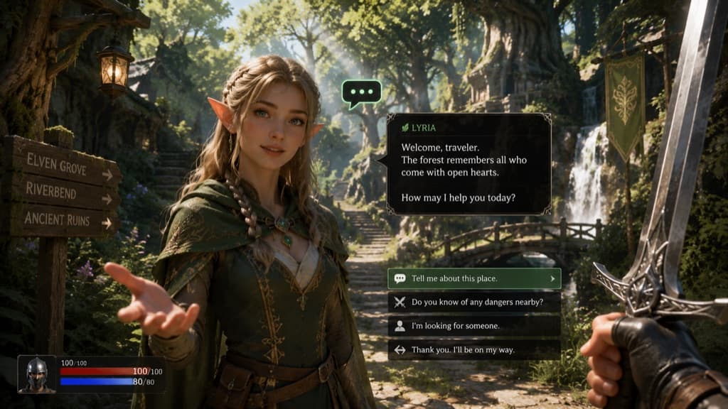 An elf NPC greeting the player with branching AI dialogue choices in a forest village